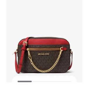 Michael Kors Women's Jet Set Large Logo Crossbody Bag In SIG. Brown/Red